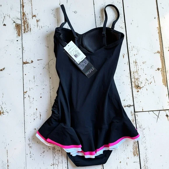 Profile by Gottex Swimdress Size 6 Black Ruched One Piece - Picture 2 of 12